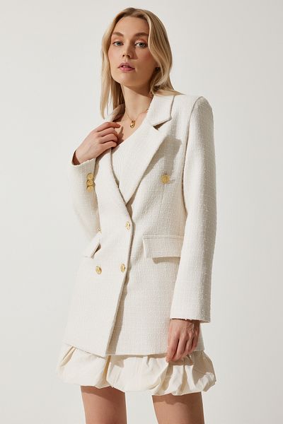 Happiness İstanbul Damen Blazer mit Knochenknöpfen, Tweedjacke WF00004