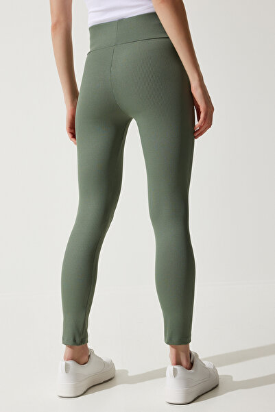 Happiness İstanbul Női sötétzöld magas derekú bordás kötött leggings ZV00208