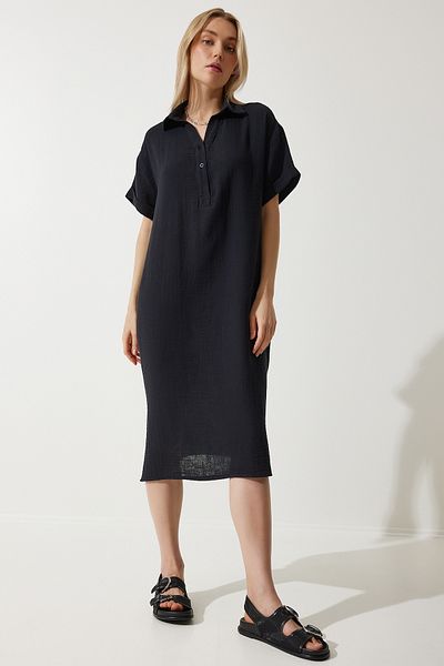 Happiness İstanbul Women's Black Polo Collar Summer Loose Muslin Dress TO00135
