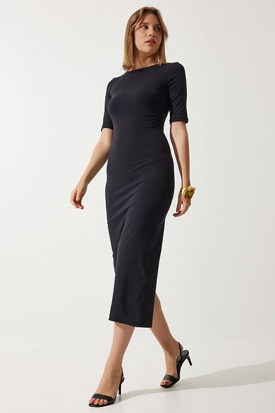 Happiness İstanbul Women's Black Gather Detailed Summer Knitted Dress UB00269