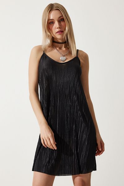 Happiness İstanbul Women's Black Strappy Pleated Summer Mini Knitted Dress DZ00119