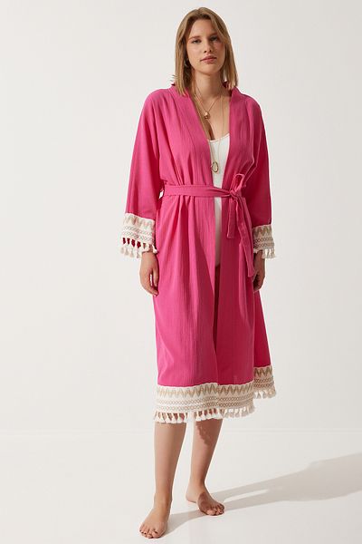 Happiness İstanbul Women's Dark Pink Tassel Guipure Detailed Long Linen Kimono OH00042