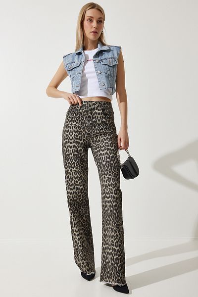 Happiness İstanbul Women's Black Beige Leopard Patterned Palazzo Jean VC00002