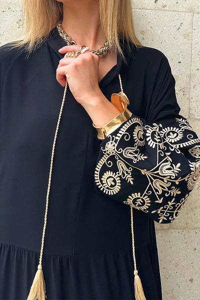 Trend Alaçatı Stili Women's Black Prevailing Collar Sleeves Embroidered Layered Flounced Woven Viscose Dress ALC-X12188