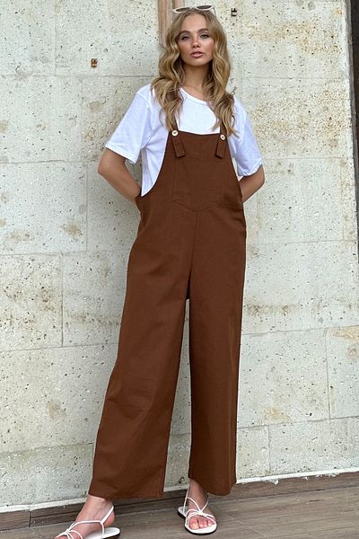Trend Alaçatı Stili Brauner Gabardine-Gärtner-Jumpsuit für Damen mit Taschen auf der Vorderseite ALC-X12186