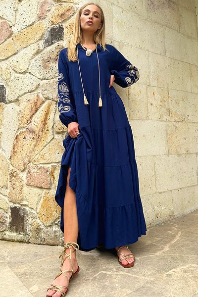 Trend Alaçatı Stili Women's Navy Blue Prevailing Collar Sleeves Embroidered Layered Flounced Woven Viscose Dress ALC-X12188