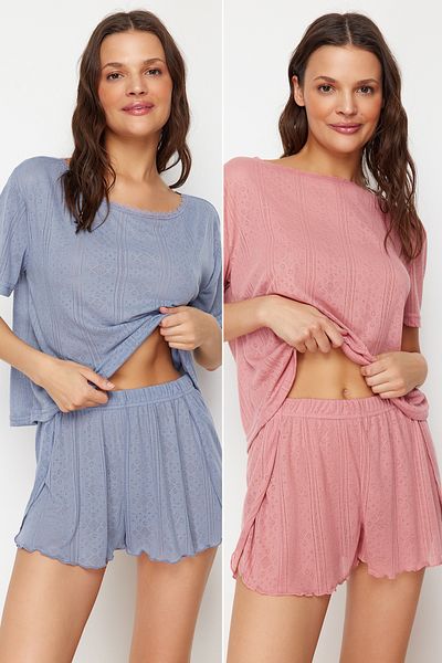 Trendyol Collection Dwupak wielokolorowych, ażurowych/perforowanych dzianinowych spodni od piżamy THMSS24PJ00000