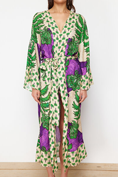Trendyol Collection Tropical Patterned Belted Midi Woven Kimono&Kaftan TBESS21KM0171