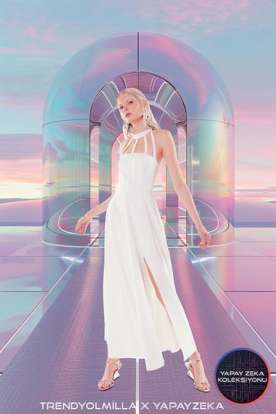 Trendyol Collection X Φόρεμα τεχνητής νοημοσύνης Λευκό Μακρύ βραδινό φόρεμα Νυχτερινή αποφοίτηση TPRSS24AE00232