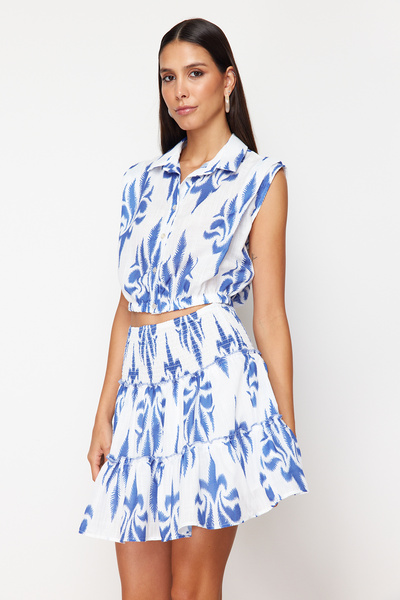 Trendyol Collection Синя еластична пола с накъдрен вид на ленена мини тъкана ...