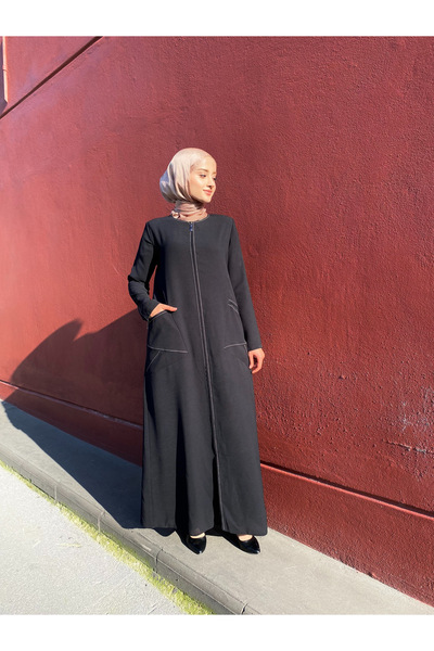 JALİA Kontrast dikişli büyük cepli fermuarlı trend ferace -6006