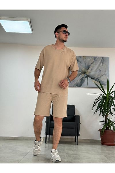 Relax family xf Ανδρικό χτενισμένο βαμβακερό κοστούμι casual oversize - Σετ σορτς κάτω και επάνω