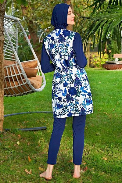Ruko Maio Women's Parachute Zippered Navy Blue Full Hijab Swimsuit C1T5N4O2