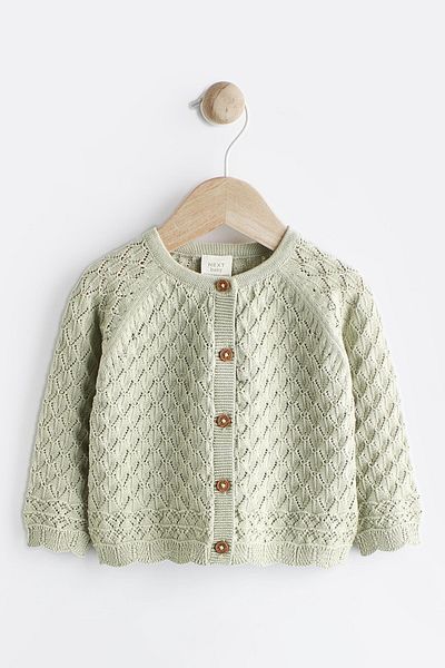 Next Baby Green Knitted - 100% Cotton Baby Cardigan, Sage