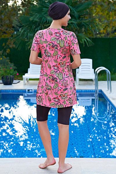 Ruko Maio Women's Large Size Short Sleeve Pink Hijab Swimsuit C6T5N4O2