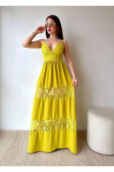 merysare Colorful Women's Maxi EveninG Dress - Lace Detailed, Chest Cut, Strappy aerobin Fabric