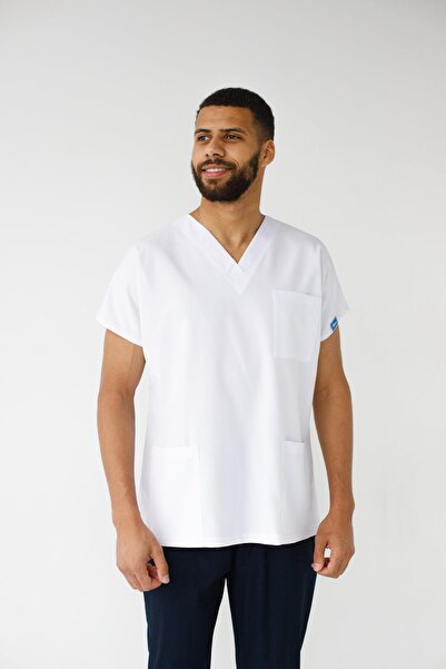 Dr. Mitra Men's Lycra Bat Sleeve Nurse Doctor Suit Top White - Bottom Navy Blue