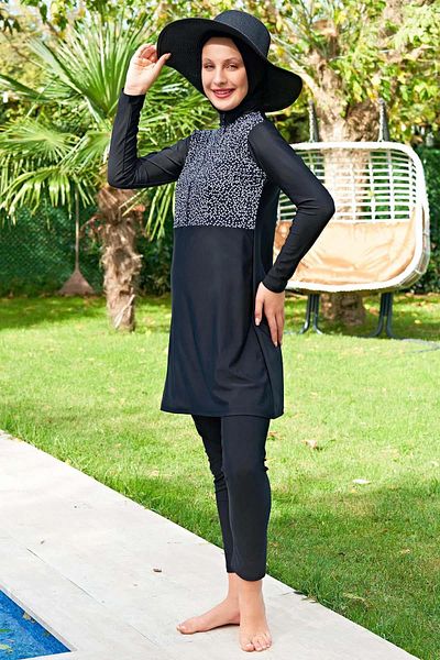Ruko Maio Women's Front Robe Patterned Black Hijab Swimsuit C4T0N4O2