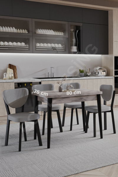 FAYMEND 4lü, Açılır, Döner, Mutfak Masası Takımı, Yemek Masası, Kapalı Ölçü: 75x80 cm - Açık Ölçü: 80x150 cm