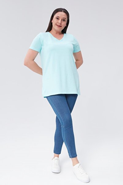 Seamoda Plus Size V-Neck Slit Cotton Basic T-shirt-LIGHT TURQUOISE