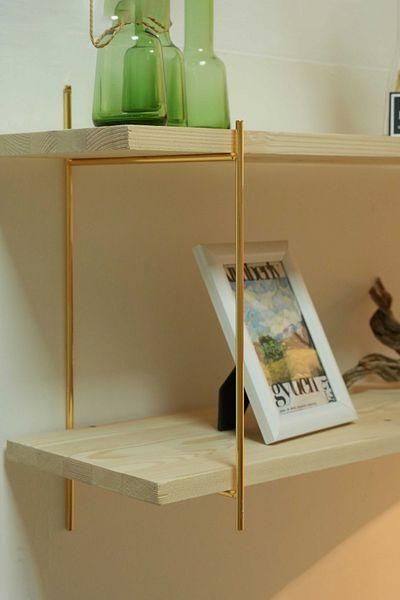 mba decor metal bending art Two Tiers Solid Natural Wood Gold Plated Wall Shelf Bookcase Organizer Large Size Doubleshelf 80X20