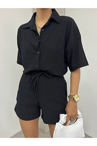 MY DEPO Set dublu de pantaloni scurți din cămașă din material Seersucker