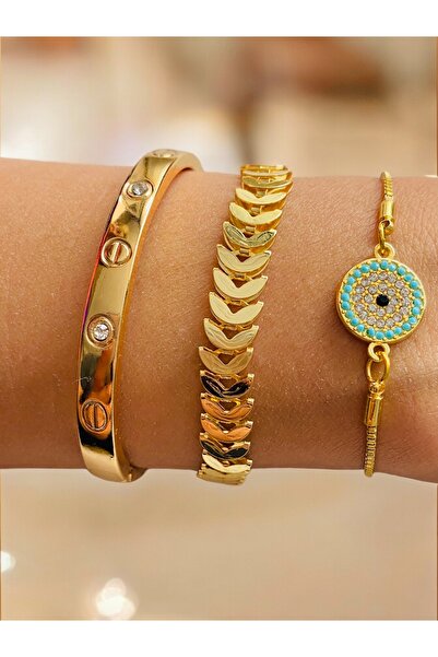 xesha Altın Kaplama 3 lü Kombin Bileklik Seti Gold Renk Kadın Zincir Bilezik Künye Asansör Pandora