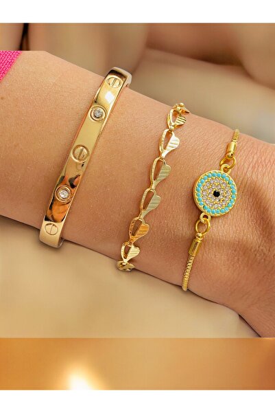 xesha Altın Kaplama 3 lü Kombin Bileklik Seti Gold Renk Kadın Zincir Bilezik ...