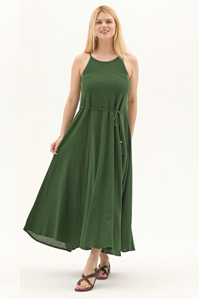 Newbutix Şile Bezi Yeşil Askılı Uzun Yazlık Elbise