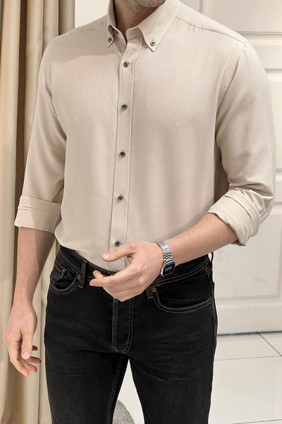 NAZEF Regular Fit Düğme Yaka Gofre Pamuk Gömlek