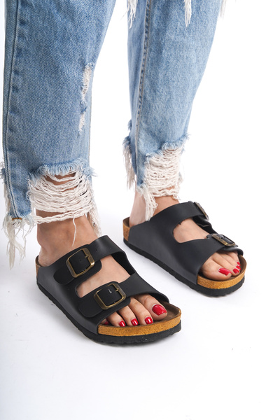 ZİESCE Papuci de zi cu zi pentru femei, piele neagră, cu curele duble, cu cataramă reglabilă