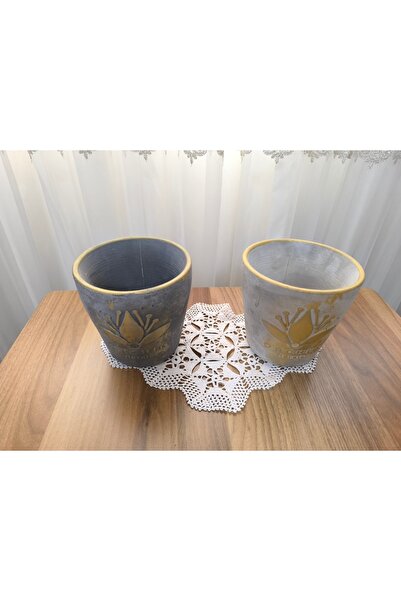 Genel Markalar 2 Adet Beton Çiçek ve Bonsai Vazosu Gri ve Antrasit Renk