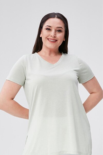 Seamoda Plus Size V-Neck Slit Cotton Basic T-shirt-NIL GREEN