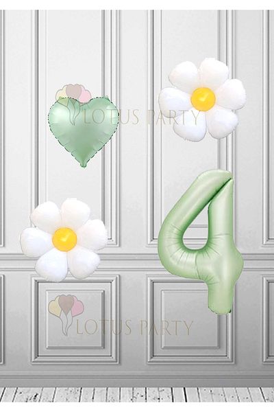 LOTUS PARTY 4 Years Old Water Green Numeral Daisy Foil Balloon - Birthday and Party Supplies