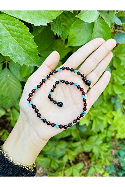 Kehribarkolyecimm vişne kehribar&turkuaz kombini damla kolye