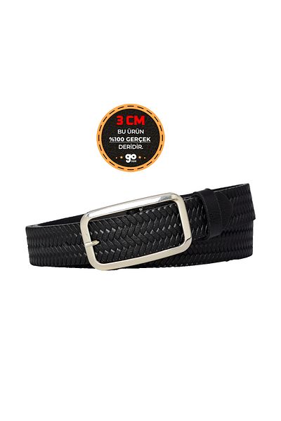 GoDeri 100% Genuine Leather, Black 3 cm Patterned Women's Belt with Silver Buckle, Trouser Belt, 3cmkdn50