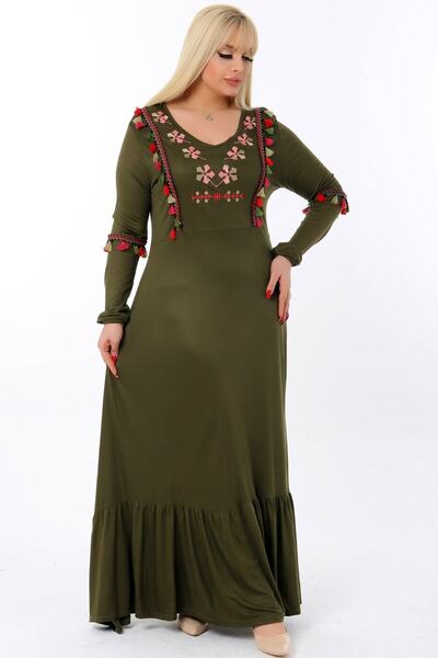 Kheos Embroidered V-Neck Tasseled Ruffle Skirt Long Sleeve Full Length Dress