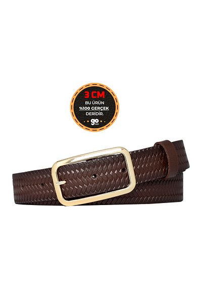 GoDeri 100% Genuine Leather, Gold Buckle Dark Brown Patterned 3 cm Women's Belt, Trouser Belt 3cmkdn50
