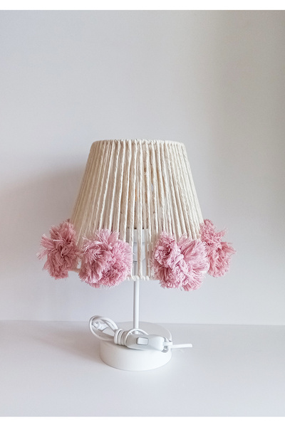 C&A&B KUZEY AVİZE MACROME ECRU ROPE PENDER PINK HANDMADE POMPOM BABY GIRL AND CHILDREN'S ROOM LAMPSHADE