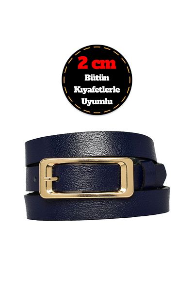 GoDeri 100% Genuine Leather, Gold Color Buckle Thin 2 cm Navy Blue Women's Belt; Dress, Pants Belt_dikd