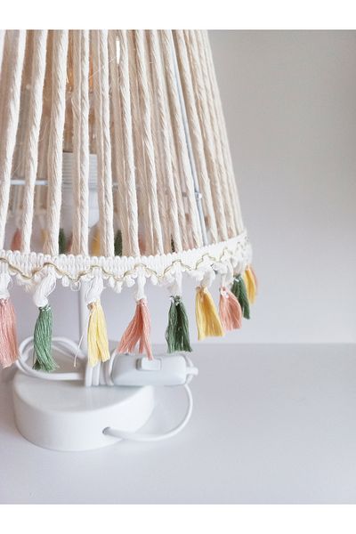 C&A&B KUZEY AVİZE MACROME ECRU ROPE WRAP COLORED FRINGED BEDROOM, BABY GIRL AND CHILDREN'S ROOM LAMP SHADE