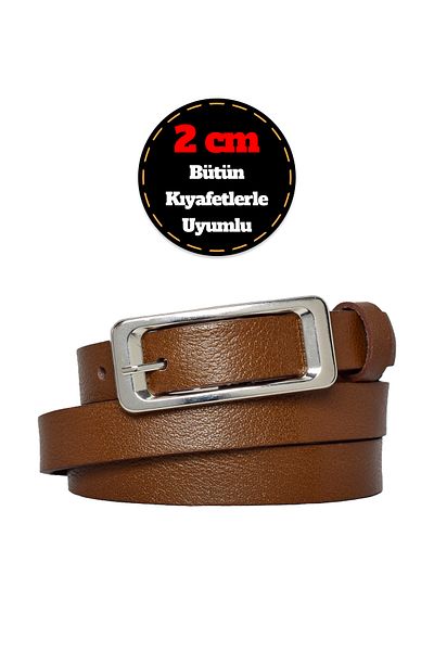GoDeri 100% Genuine Leather, Silver Buckle Thin 2 cm Light Brown Women's Belt; Dress, Pants Belt_dikd