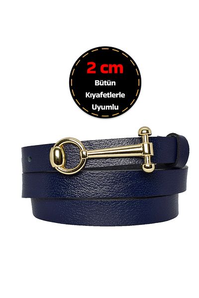 GoDeri Curea de damă bleumarin - 100% piele naturală, 2 cm subțire, cataramă, culoare aurie; Rochie și pantaloni Belt_anhtr