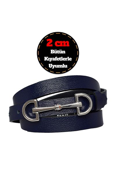 GoDeri Curea de damă bleumarin - 100% piele naturală, cataramă argintie, subțire 2 cm; Curea rochie și pantaloni D&D