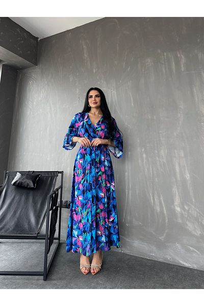 kamacibutik Rochie de vară cu guler dublu, mânecă liliac, țesătură de viscoză, cu fantă cu imprimeu floral