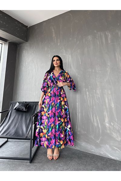 kamacibutik Tesatura de viscoză imprimeu floral - rochie de vara cu guler dublu și mânecă liliac