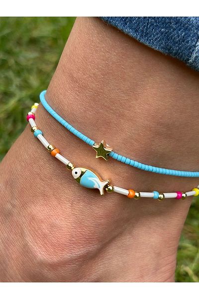 ByMerve Bym245 2-Piece Blue Fish Anklet: Sea Themed Elegant Jewelry Women's Anklet