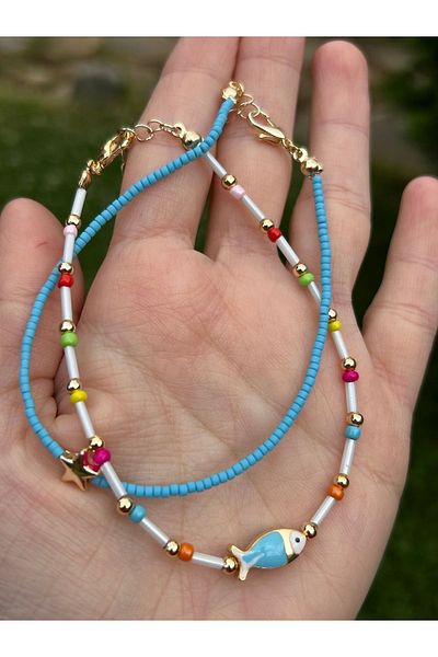 ByMerve Bym245 2-Piece Blue Fish Anklet: Sea Themed Elegant Jewelry Women's Anklet