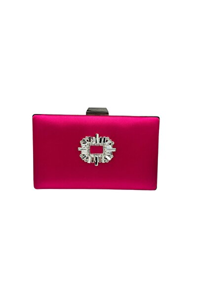 Generic Brand Fuchsia Color Satin Silver Case Silver Stone Evening Bag Evenin...