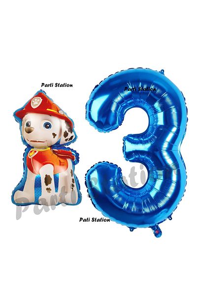 Parti Station Paw Patrol Marshall 3 Year Old Balloon and Navy Blue Number Birthday Set